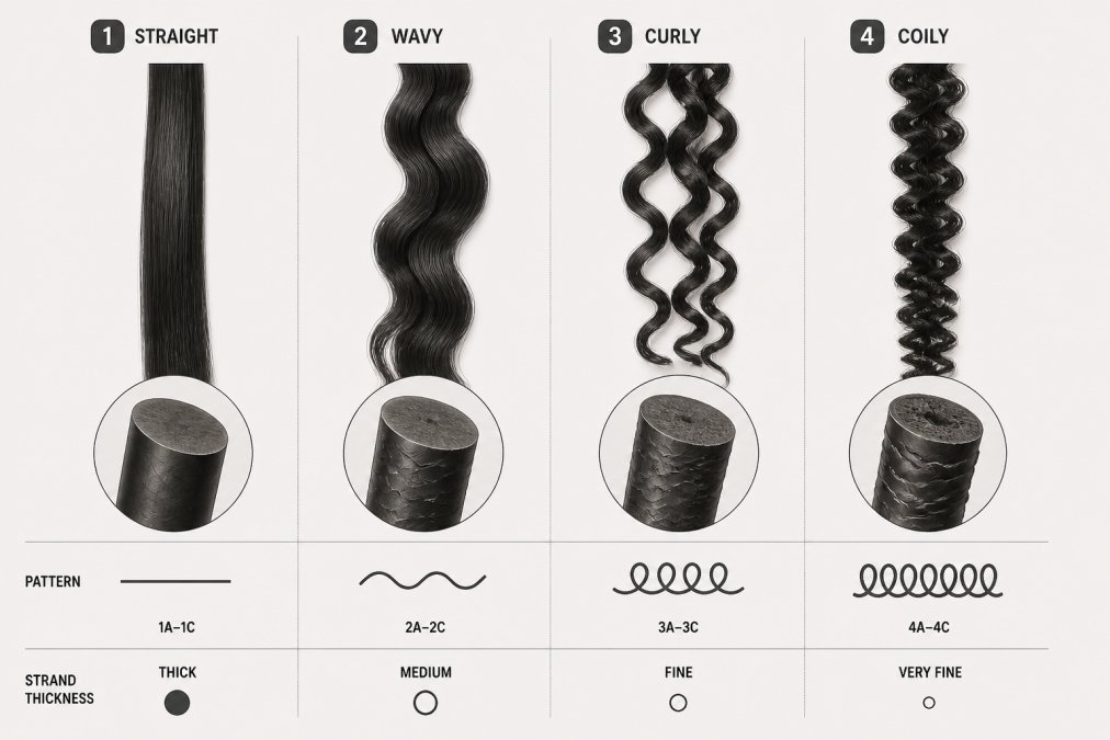 Diagram comparing four hair strands showing the progression from straight to coily textures and curl patterns
