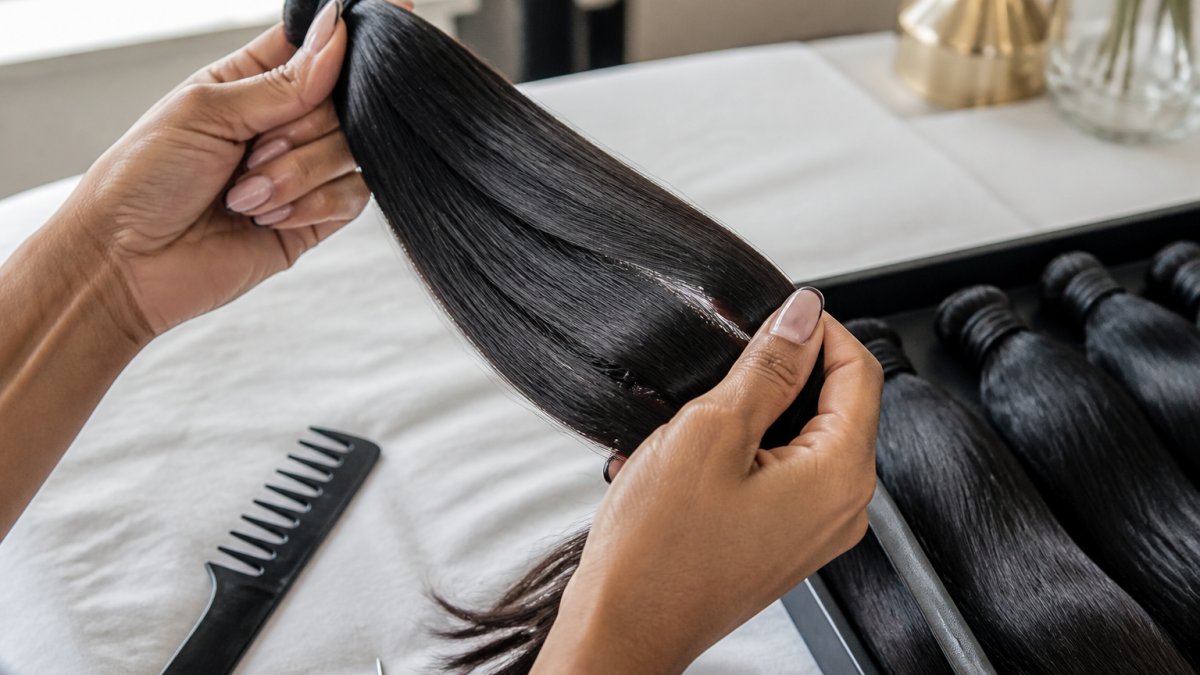 Close-up of a woman's hands holding a section of dark straight human hair bundle against a soft neutral background, with visible natural shine and cuticle-aligned strands, natural daylight