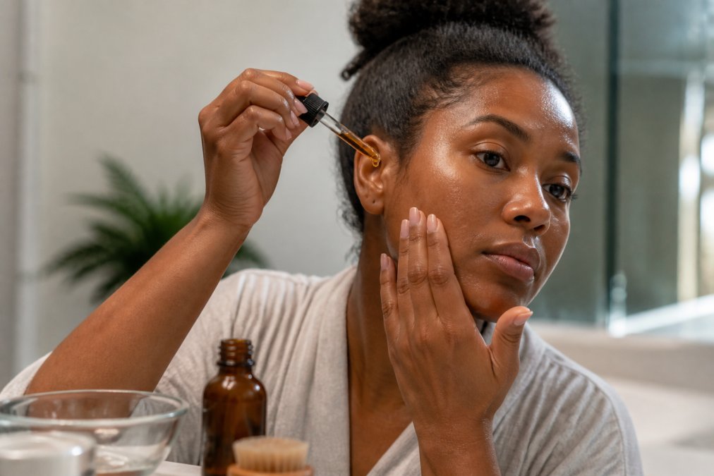 A person gently massaging a few drops of dark amber oil from a glass dropper onto their cheek and jawline in soft, natural bathroom lighting