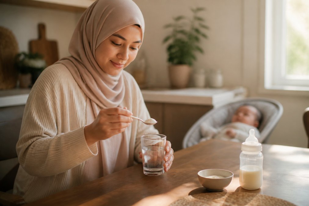 Infographic showing the process of mixing halal collagen into water to support postpartum recovery