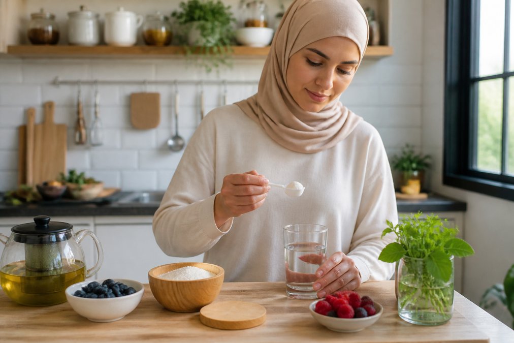 A woman in a bright kitchen adding a scoop of unflavoured collagen powder to a glass of water, with fresh ingredients like berries and green tea visible on the counter