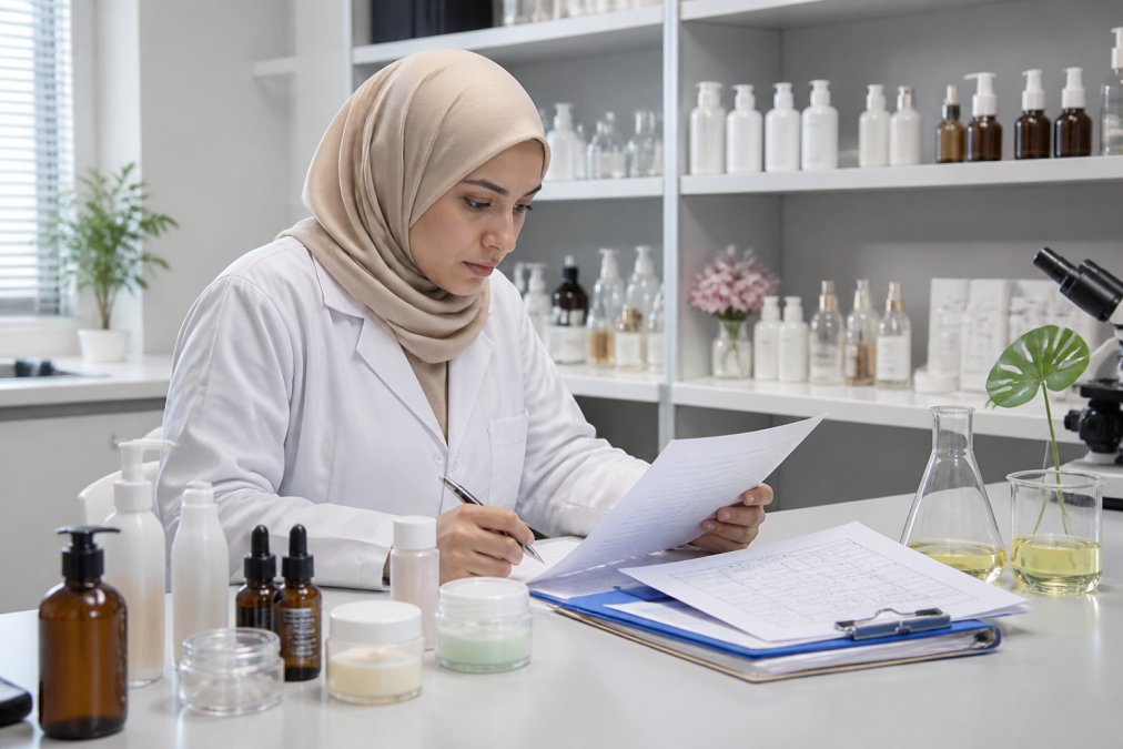 Responsable qualité examinant des documents techniques et des ingrédients cosmétiques dans un laboratoire moderne, avec des fiches de conformité et des échantillons de produits sur le bureau
