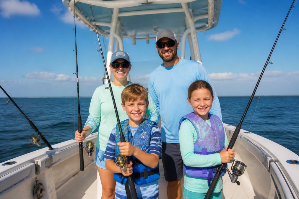 A family fishing with a captain on a boat, helping weigh if fishing charters cost is worth the full-day experience.