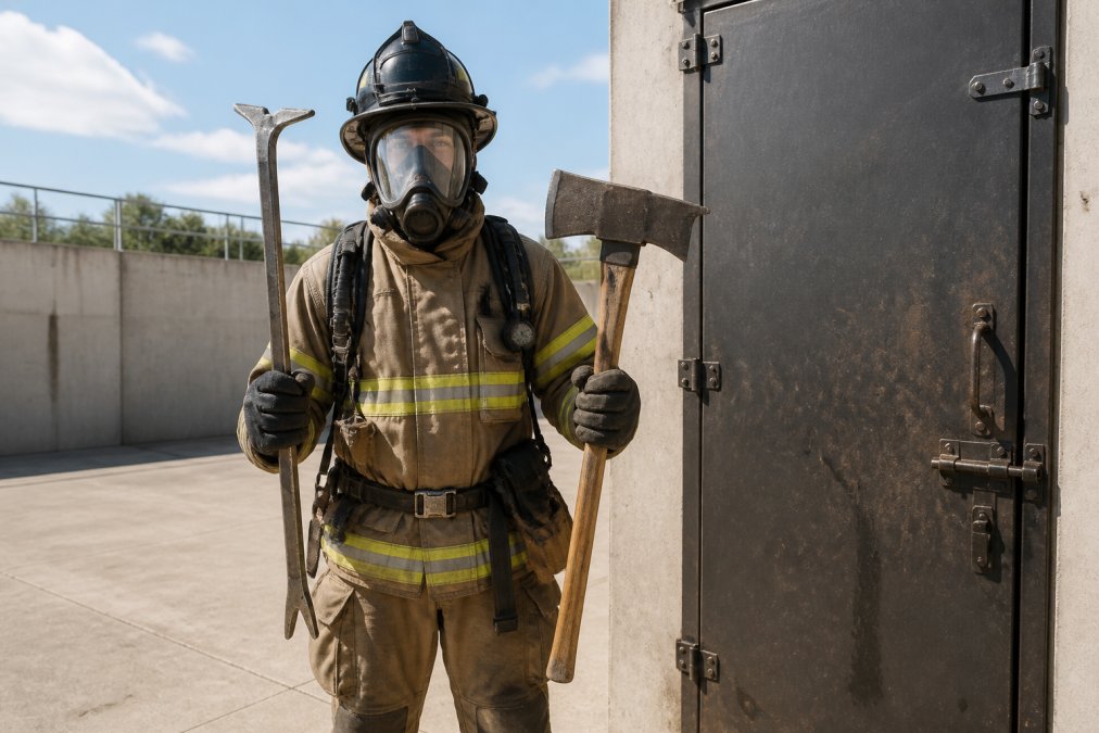 A professional firefighter in full turnout gear on a training ground holding a Halligan bar in one hand and a flat head axe in the other, standing before a heavy steel door prop used for forcible entry drills, bright daylight casting sharp shadows