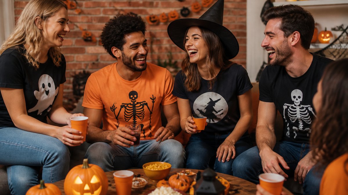 Group of people at a Halloween party wearing funny graphic tees, laughing and celebrating together with festive decorations and jack-o'-lanterns in the background