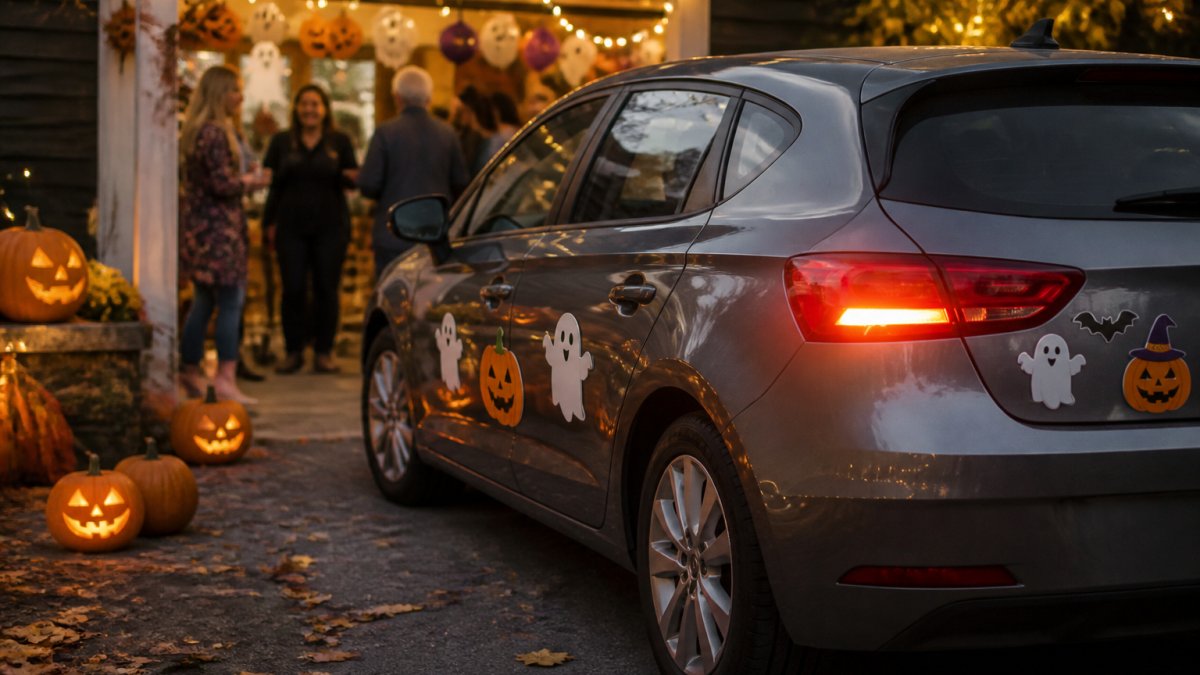 A car decorated with festive magnets, pumpkins, and warm lights parked in a driveway to welcome party guests.