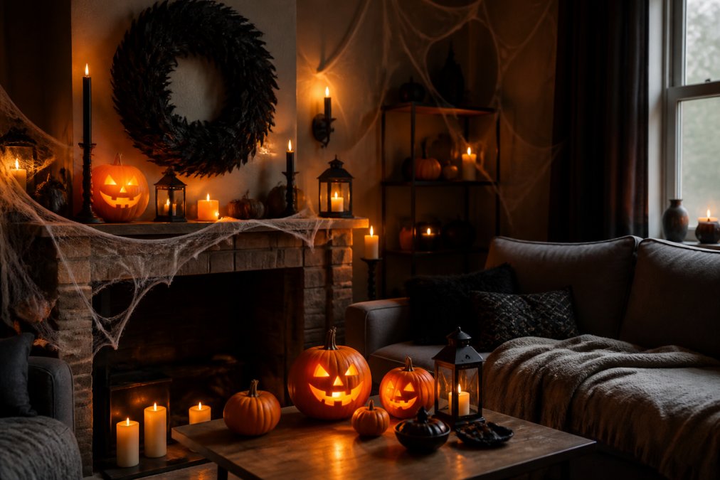 Living room decorated with glowing jack-o'-lanterns, gothic black wreaths, artificial cobwebs draped across corners, and warm amber lighting creating a festive spooky atmosphere