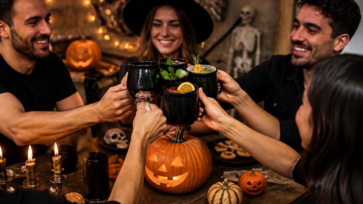 Friends holding black ceramic mugs filled with colorful cocktails at a candlelit Halloween party.