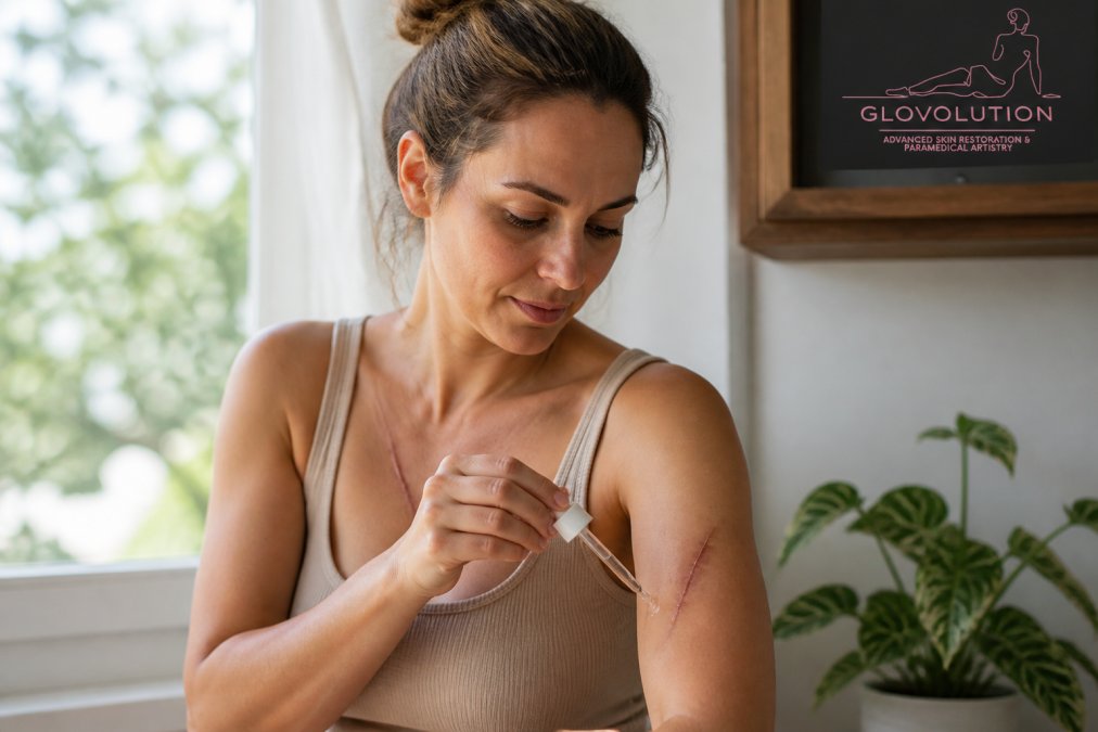 Woman applying specialized scar care serum to healing skin in natural daylight, demonstrating proper aftercare routine with clinical-grade product