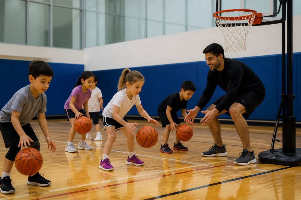 Young children aged 5-6 in a gymnasium during a beginner basketball session, dribbling balls near a lowered hoop with a coach demonstrating proper form and smiling encouragement