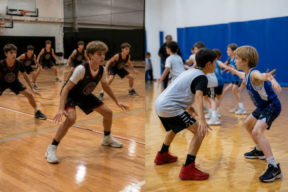 Teenage basketball players in competitive uniforms executing defensive positioning drills during an intense training session on a full-size court, with focused expressions and proper footwork