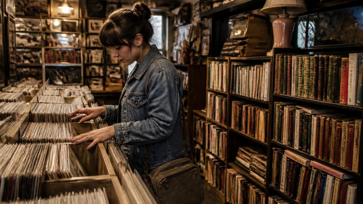 Customer browsing shelves of used vinyl records and vintage books in a cozy independent music and book store, running fingers along album spines and book covers under warm overhead lighting