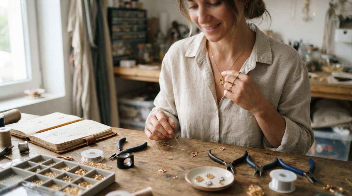 A woman in a casual linen outfit gently touching a delicate gold hamsa necklace at her collarbone, soft natural light, shallow depth of field
