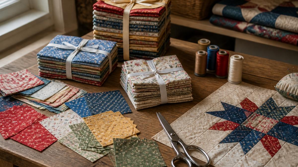Diagram illustrating the step-by-step process of using precut fabric squares and bundles for quilt blocks