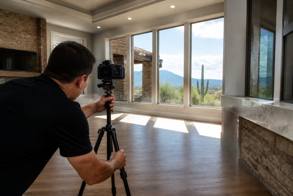 Professional photographer's hands adjusting tripod position while framing an interior room with large windows showing bright outdoor scenery, natural morning light streaming across hardwood floors