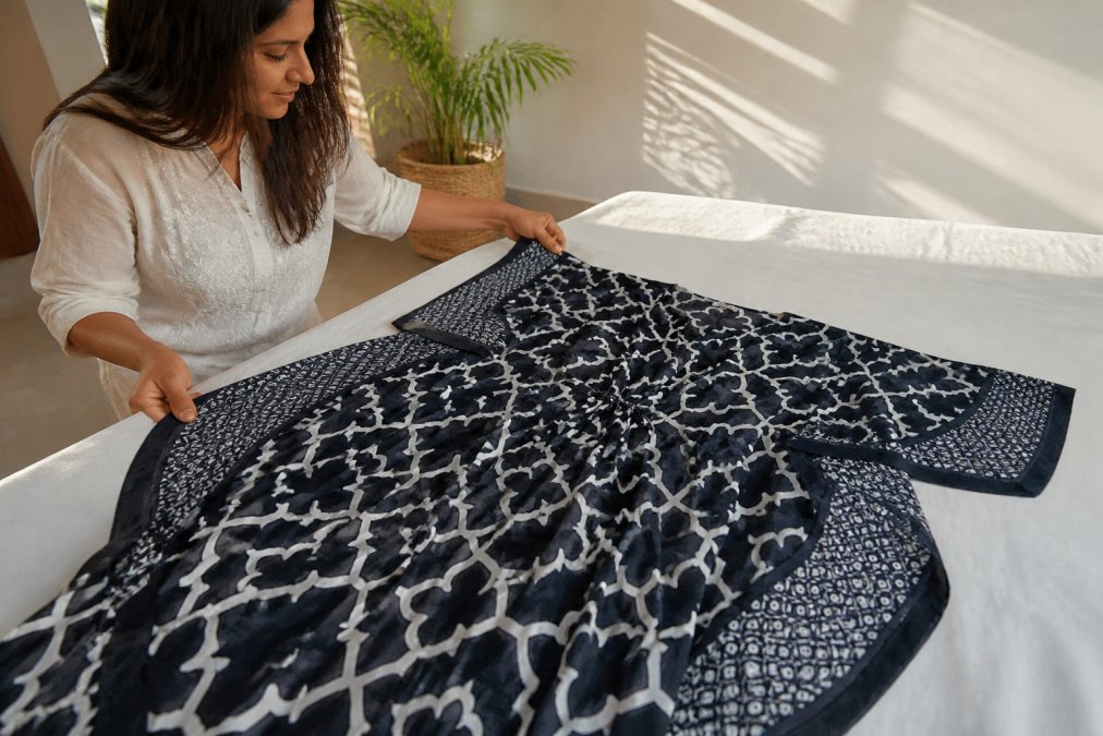 A hand block printed kaftan laid flat on a clean cotton surface to air dry, demonstrating proper drying method with natural indirect light