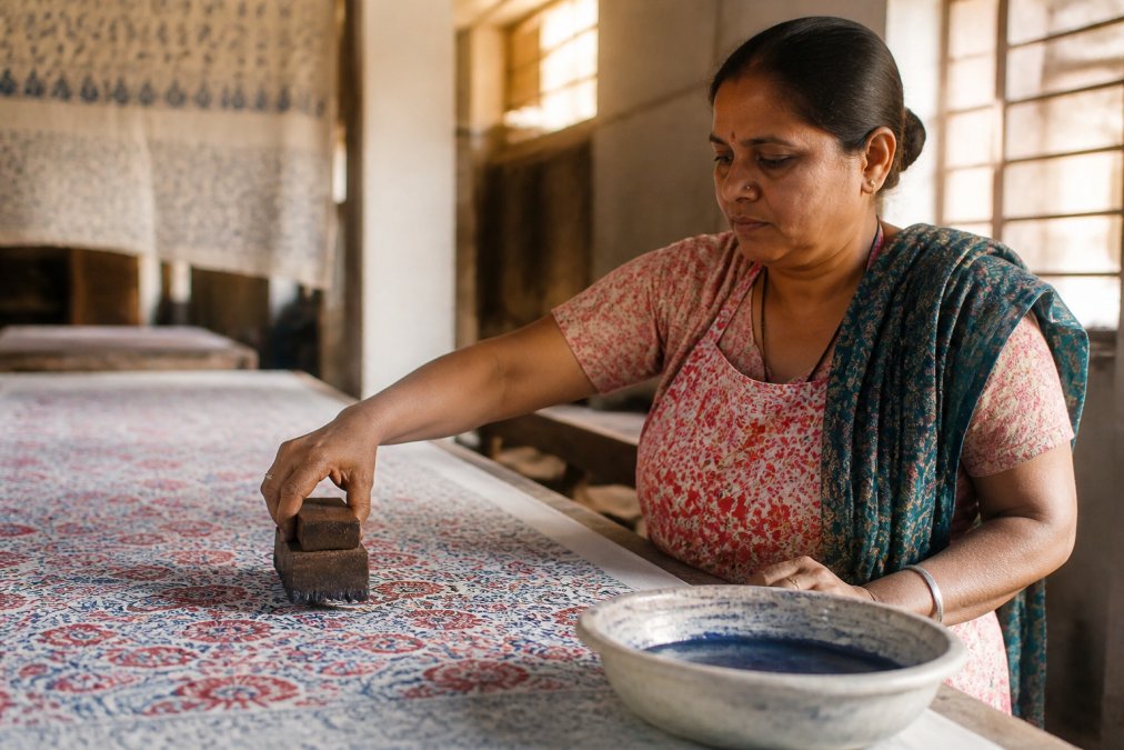 Close-up of artisan hands pressing a carved wooden block onto stretched cotton fabric, applying indigo dye in a traditional workshop with natural sunlight streaming through windows