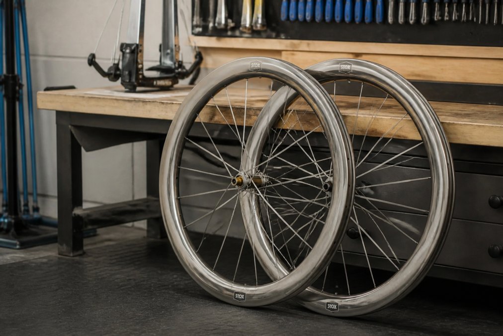 A finished hand-built carbon wheelset resting against a workbench in a professional wheel-building workshop, with a truing stand and tools in the background