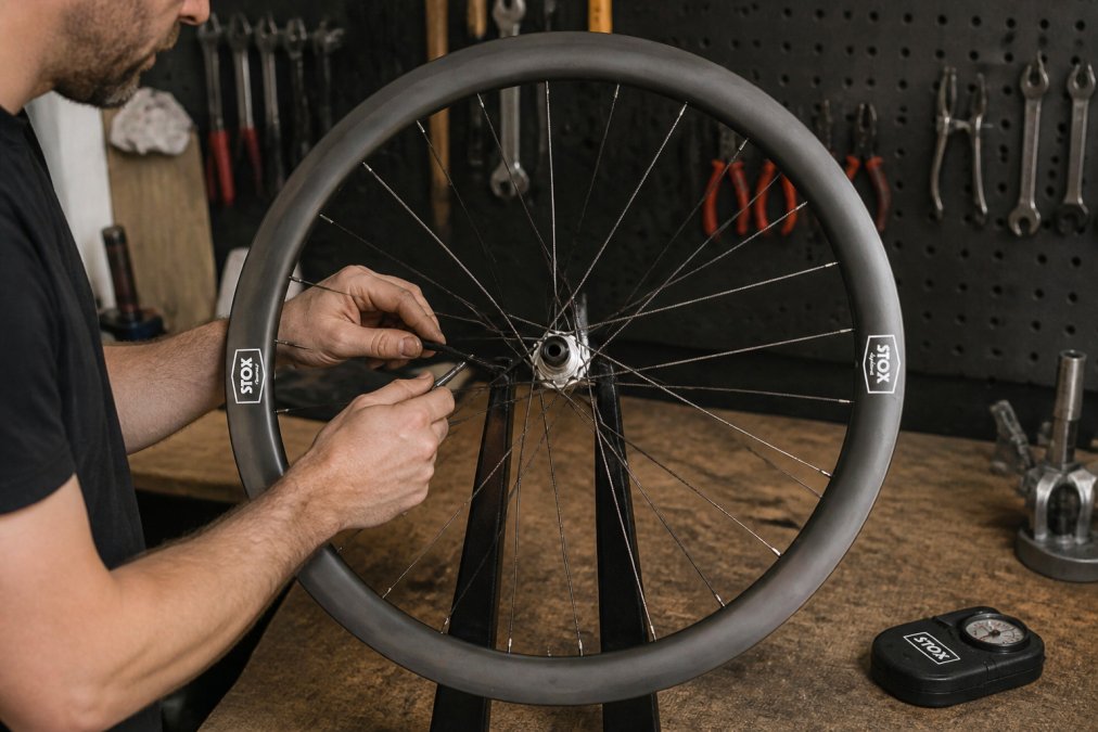 Close-up of a wheel builder's hands tensioning spokes on a carbon rim in a workshop, with a spoke tension meter visible on the bench beside the wheel