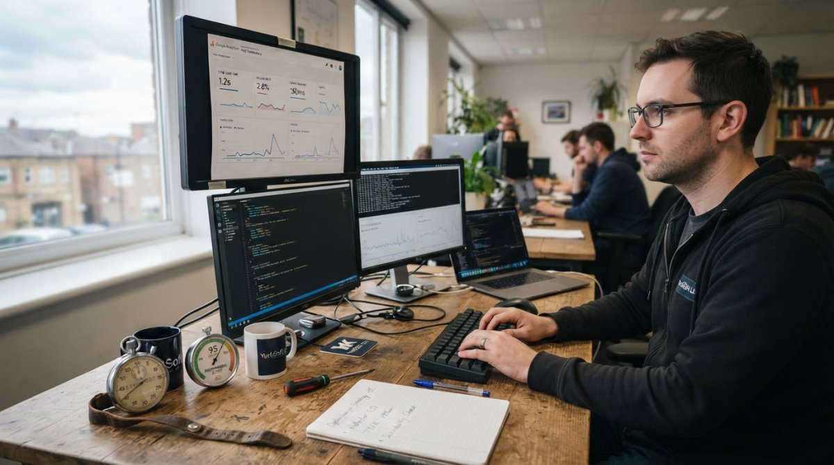 Developer reviewing performance metrics on multiple monitors showing waterfall charts and Core Web Vitals scores in a modern office with code editor visible