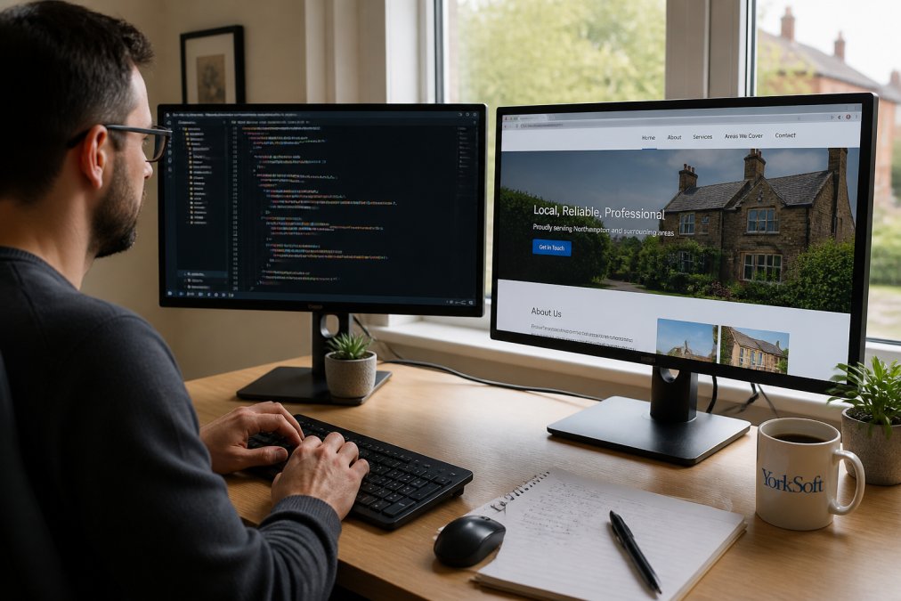 Developer desk displaying a workflow for hand coded websites with semantic HTML and live browser previews.