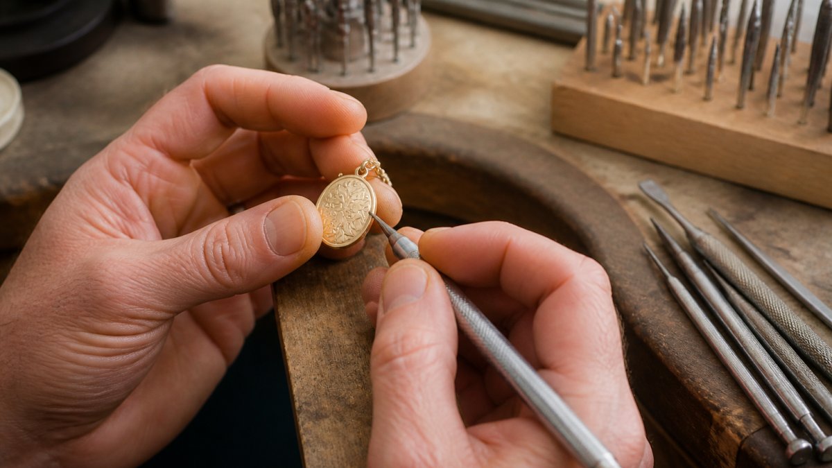 Close-up of an artisan's hands holding a delicate piece of jewelry with engraving tools nearby, showing the craftsmanship involved in hand engraving
