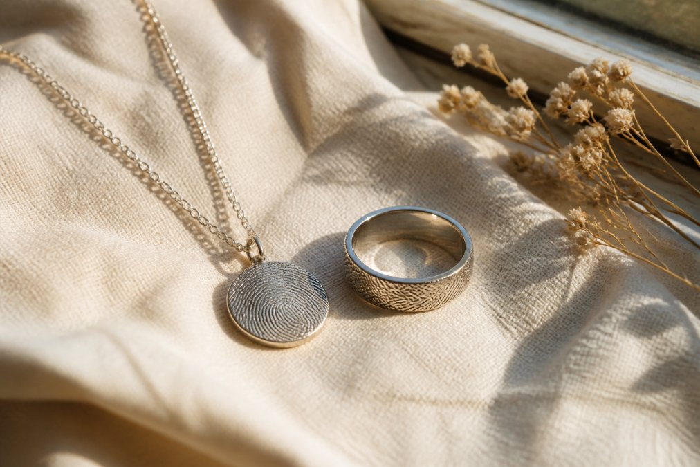 Close-up of delicate personalised jewellery pieces displayed on soft cream linen, showing a fingerprint necklace and engraved ring catching warm afternoon sunlight through a window