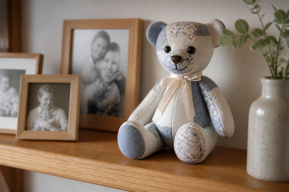 Handcrafted memory bear positioned on a wooden shelf beside framed family photographs, showing fine stitching details and the bear's gentle expression in soft natural light