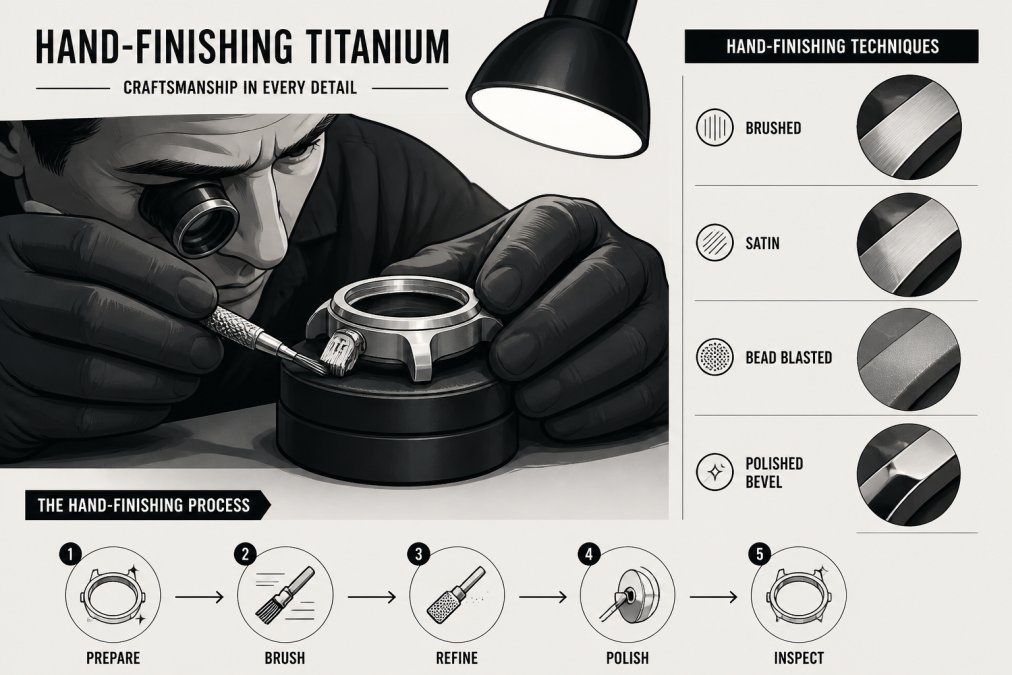 Watchmaker's hands carefully applying hand-finishing techniques to a titanium watch case using brushing tools, showing the detailed surface textures and the craftsperson's concentration under bright work lighting