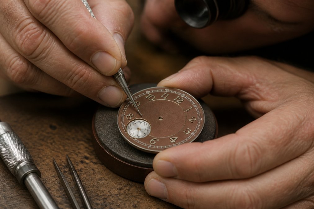 Artisan watchmaker's hands holding a burin tool while engraving fine details into a watch dial plate, showing the craftsmanship and precision required for hand-engraving techniques