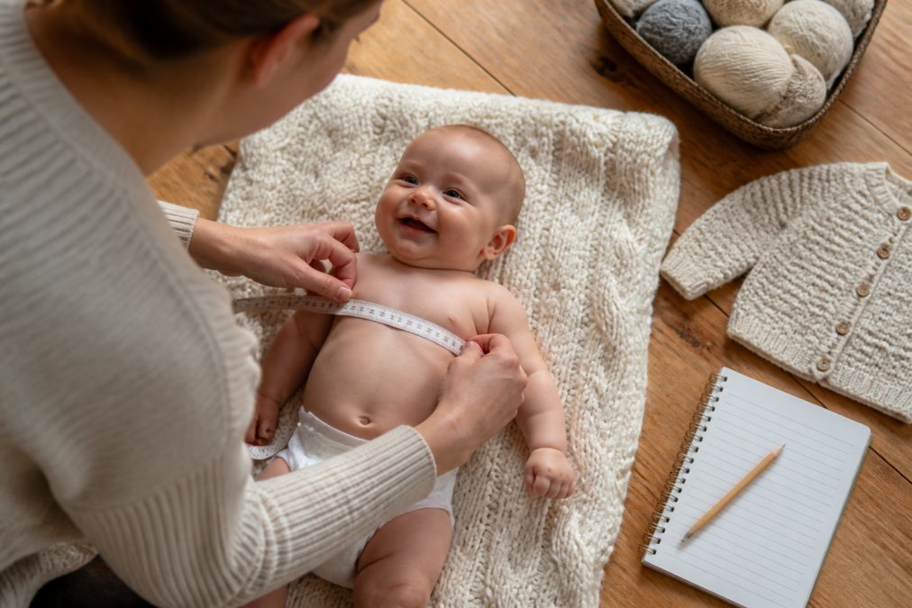 A parent gently wrapping a soft fabric measuring tape around a smiling baby's chest on a cozy blanket, with a notepad and pencil nearby on a warm-toned wooden floor in natural morning light