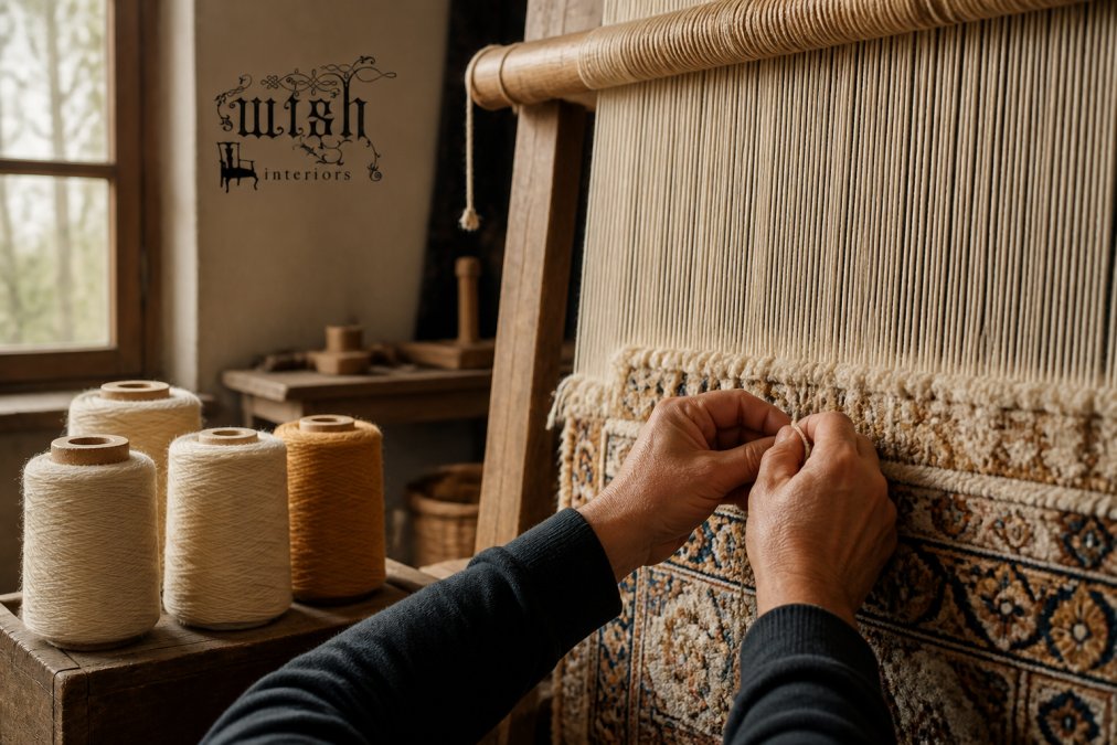 Artisan hands tying intricate knots on a vertical loom with cream wool and silk thread in a sunlit workshop
