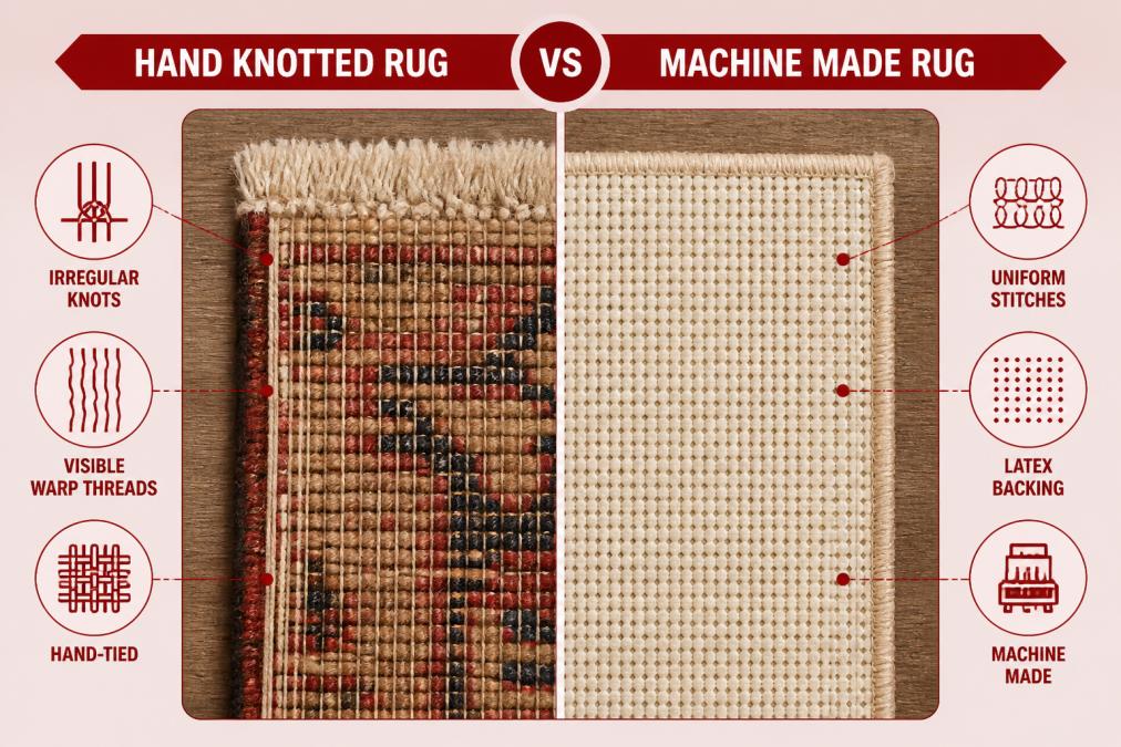 Close-up of two rug backing surfaces placed side by side on a worn wooden floor, one showing irregular hand-tied knots in wool with visible warp threads of an antique Persian oriental rug, the other showing a uniform machine-stitched latex backing of a mass-produced area rug, photographed under warm natural window light
