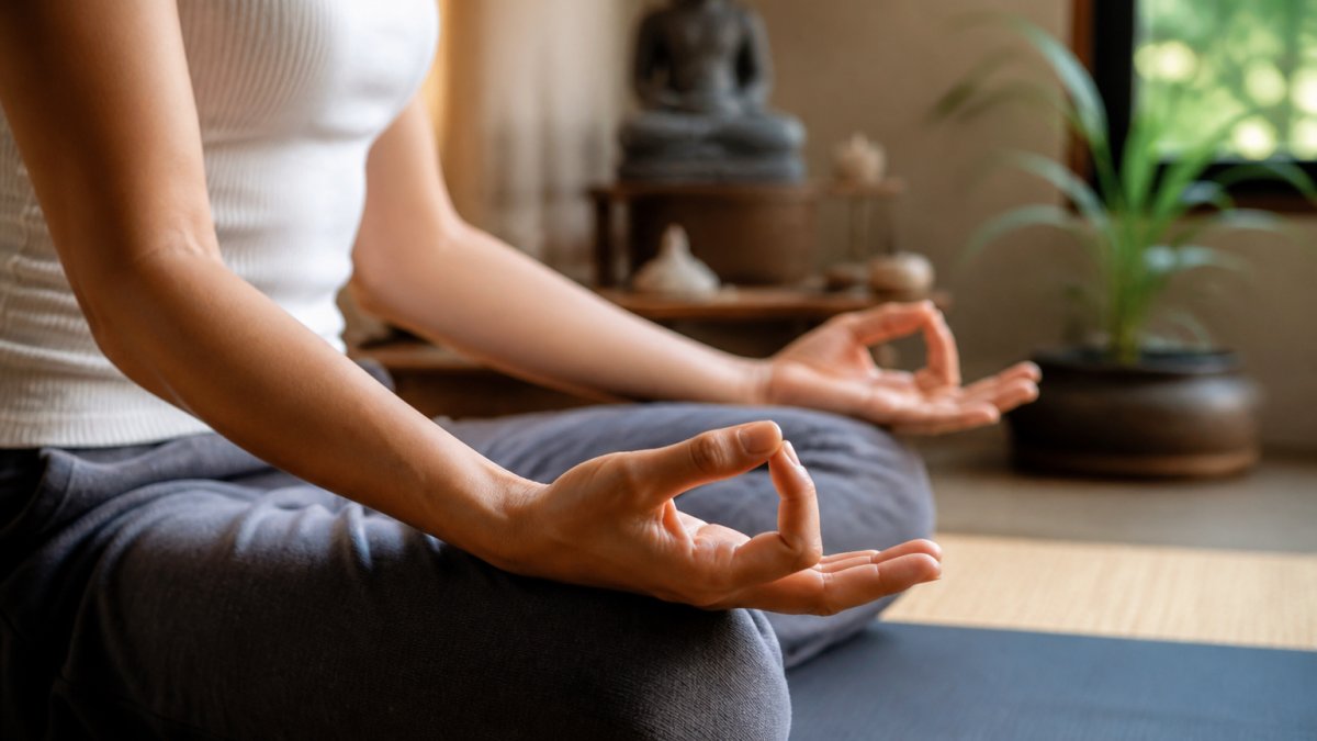 Close-up of a person's hands resting palm-up on their knees in a seated meditation pose, thumb and index finger lightly touching, soft natural window light, calm home meditation corner in the background