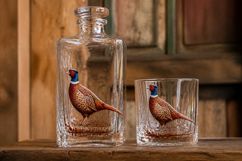 Close-up of a hand painted whisky decanter and tumbler set featuring a pheasant design, arranged on a wooden surface with warm natural light