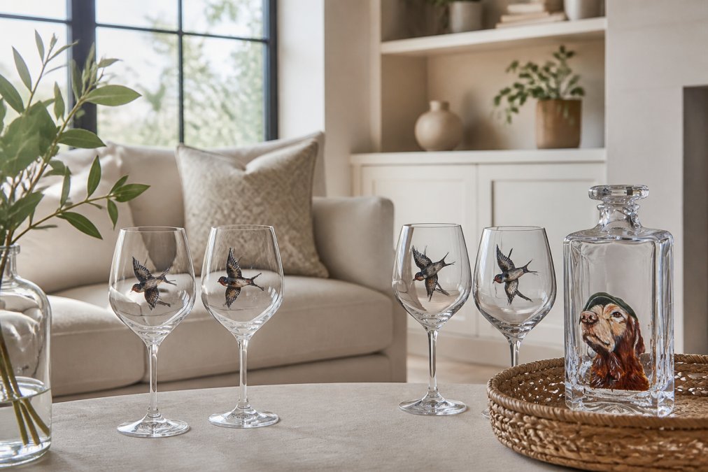 Hand painted swallow wine glasses displayed on a minimalist shelf in a modern, light-filled living room with neutral tones, natural textures, and soft diffused daylight