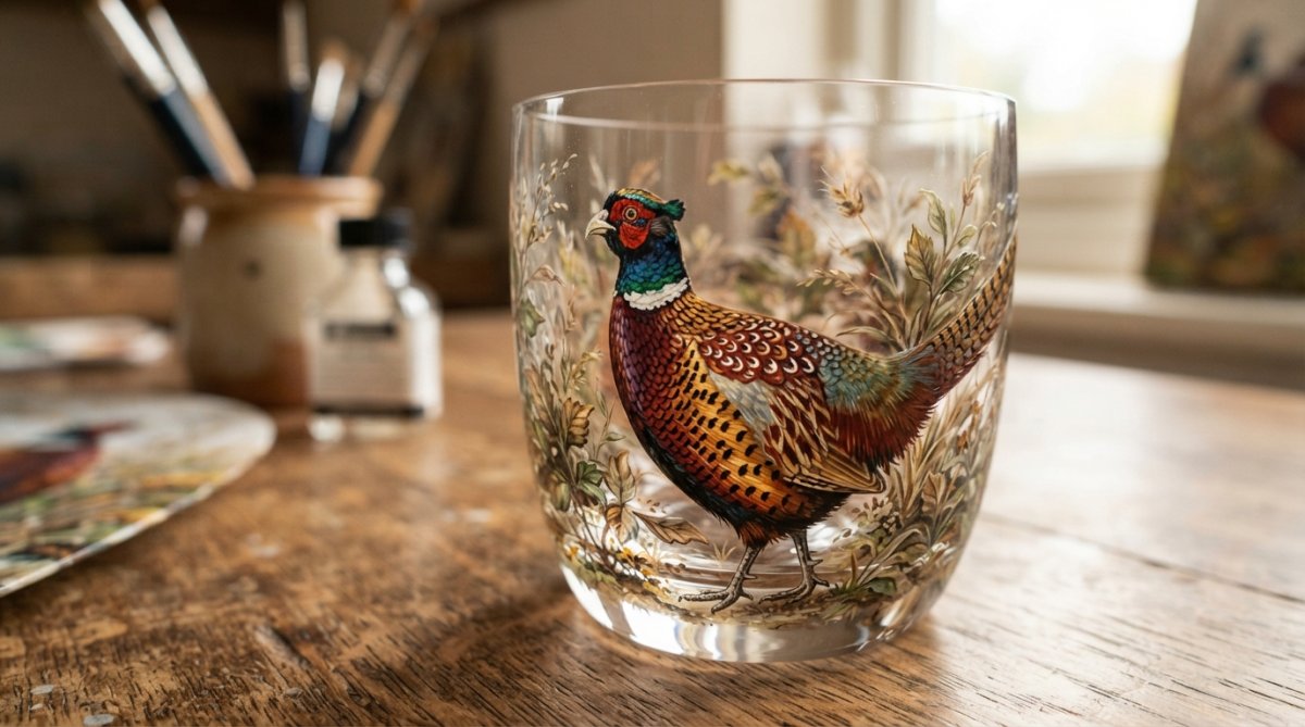 Close-up of intricately hand-painted pheasant design on crystal glass, showing fine brushwork detail and vibrant colour work under warm natural light