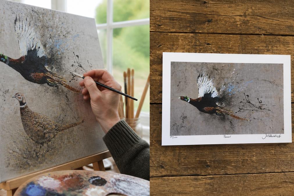Artist's hands holding a fine brush, working on a detailed hand-painted wildlife canvas with vibrant pheasant and grouse colours visible, natural studio lighting from a north-facing window