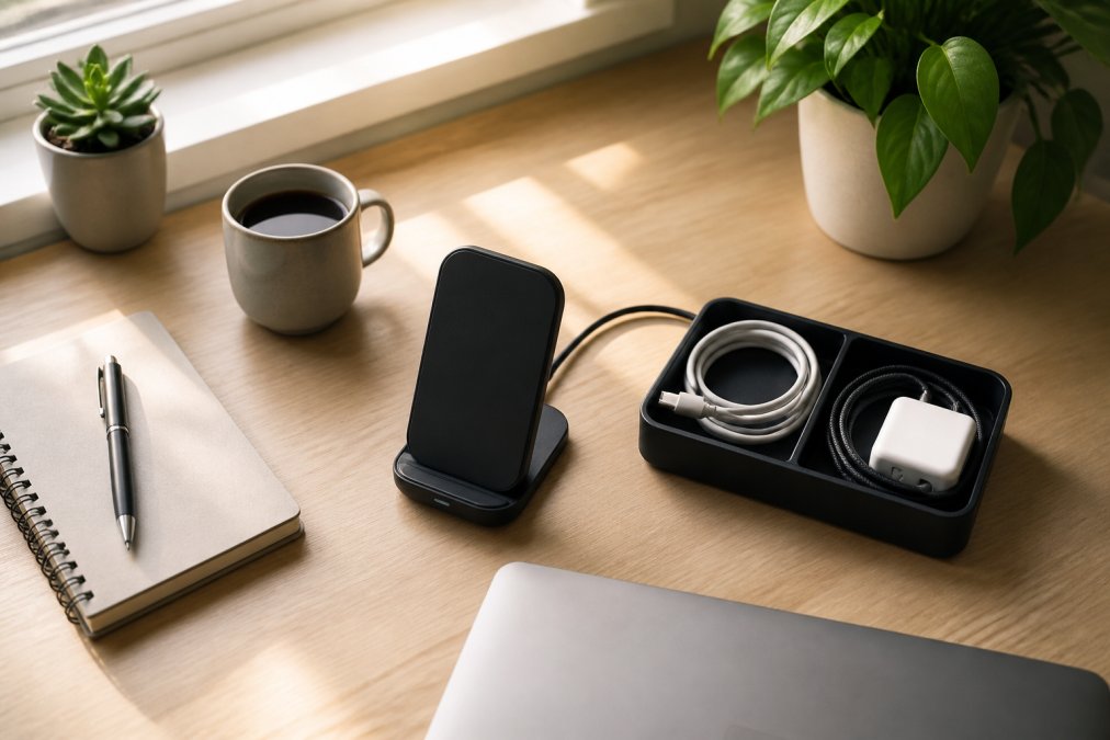 Overhead shot of a tidy home office desk with a wireless charging stand, coiled cables tucked into a small organizer tray, and a notebook, soft morning window light