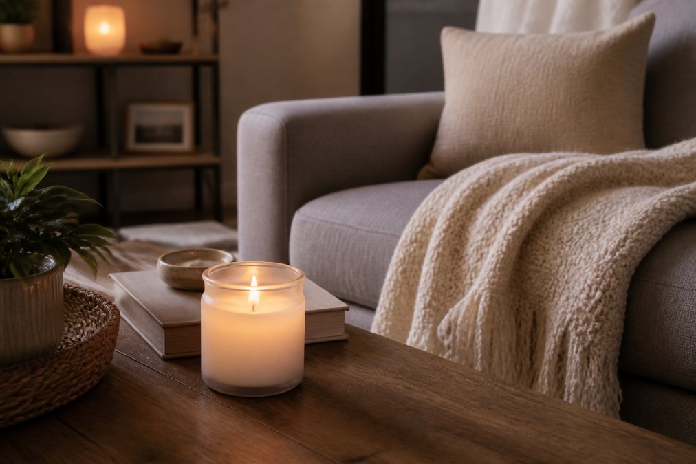 A cozy apartment living room corner with a lit frosted glass jar candle on a wooden coffee table, soft ambient lighting, and a blanket on a nearby sofa