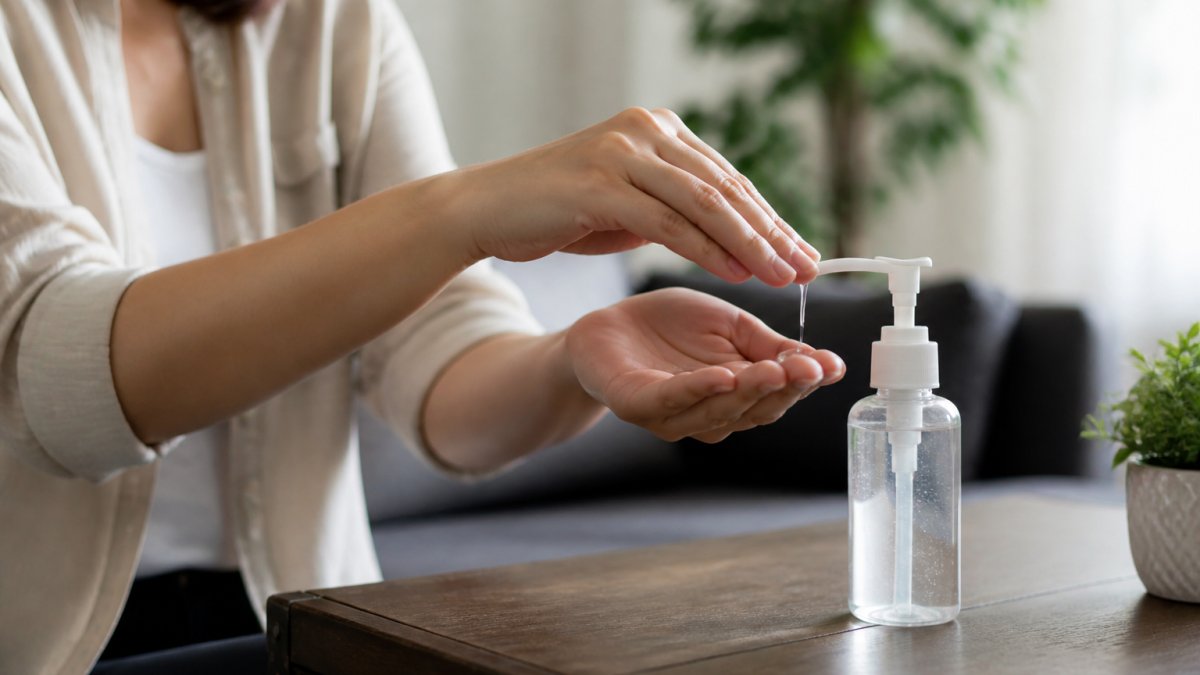 Close-up of a person pumping alcohol-free hand sanitizer onto their palm and rubbing both hands together, with a small bottle on a table beside them
