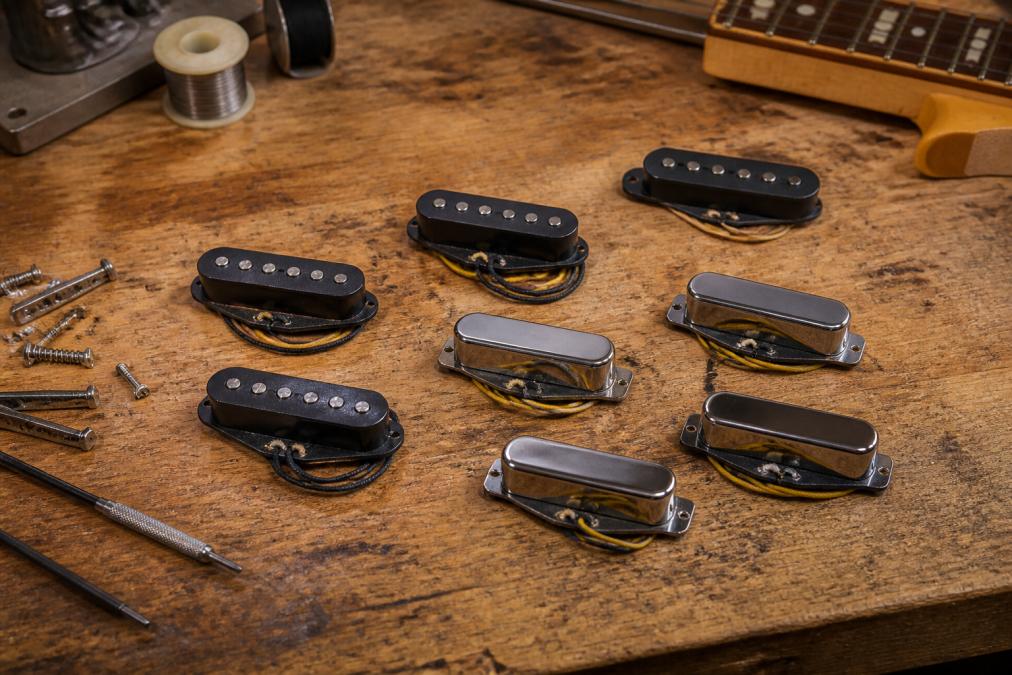 Flat-lay arrangement of multiple hand-wound Telecaster pickup sets displayed on a wooden workbench with tools, wire spools, and guitar components nearby, natural workshop lighting