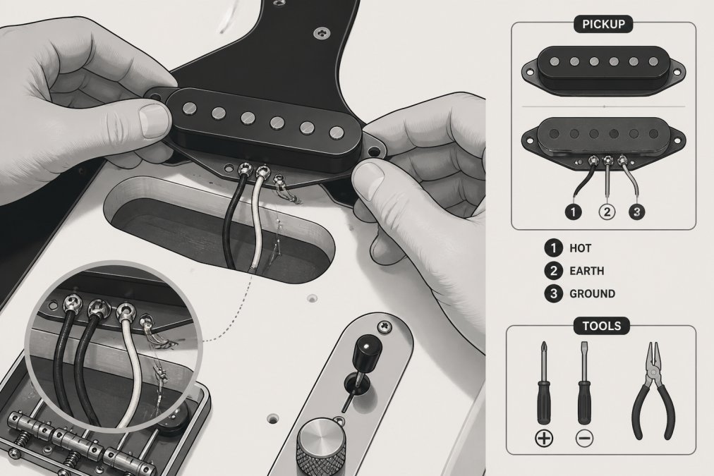 Close-up of hands carefully removing a Telecaster pickup from its cavity, showing the wiring connections and the pickup itself in detail, with tools and guitar components visible on the workbench