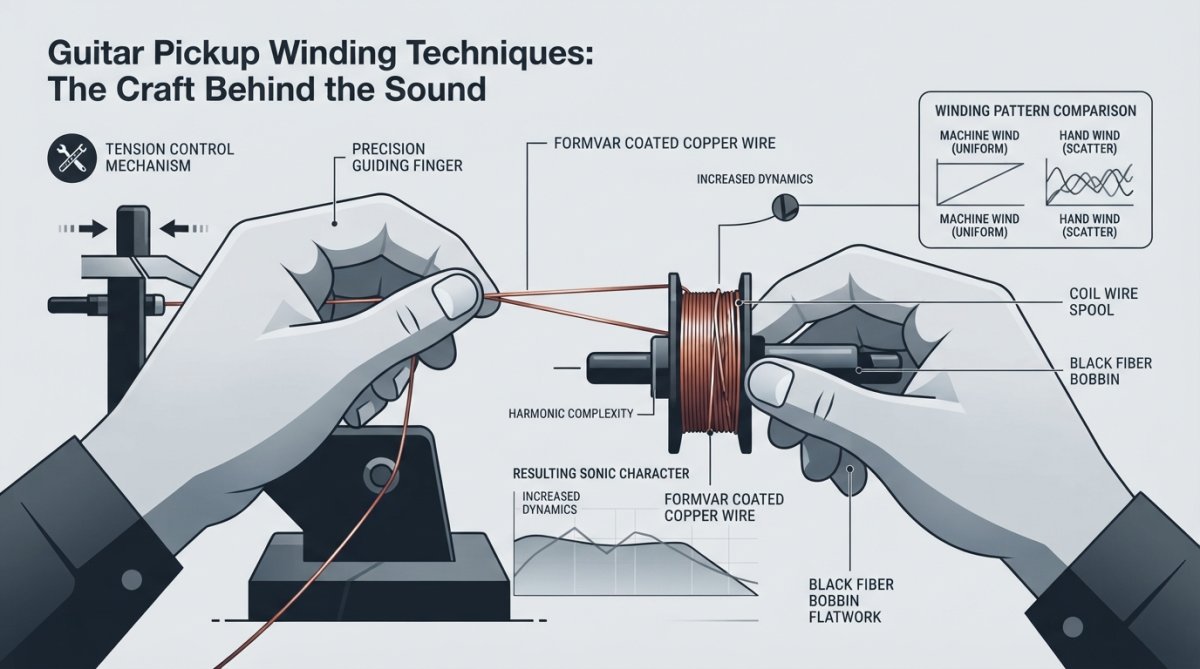 Close-up of hands carefully winding copper wire around a guitar pickup bobbin, showing precise tension control and scatter-wound pattern with wooden winding jig in background