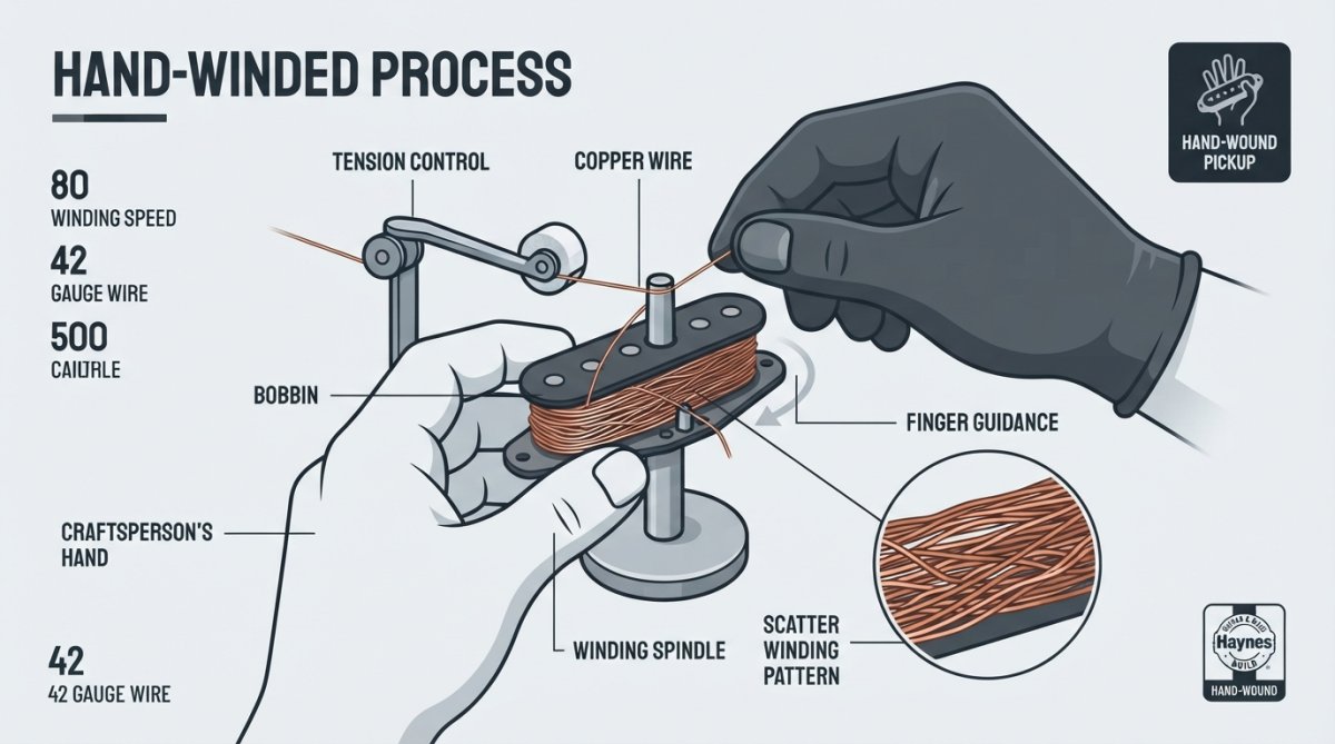 Craftsperson's hands carefully winding copper wire around a guitar pickup bobbin, showing precise tension control and finger placement over the coil