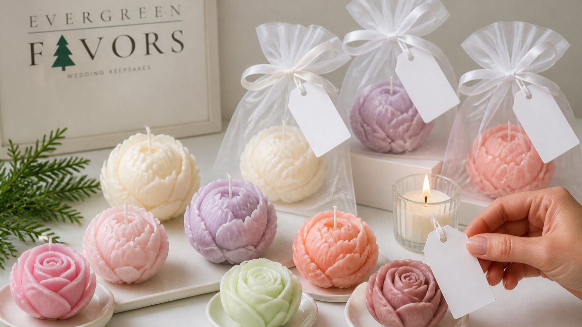 Professional displaying handcrafted peony and rose soy candles in various custom colors arranged with organza wrapping and personalized favor tags on elegant white surface with natural lighting