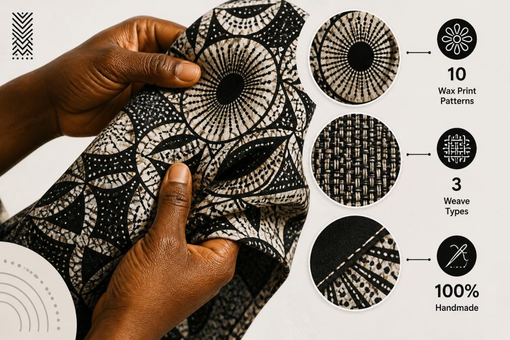 Close-up of hands holding traditional East African fabric, showing intricate wax print patterns and textile weave details in natural lighting that highlights the craftsmanship