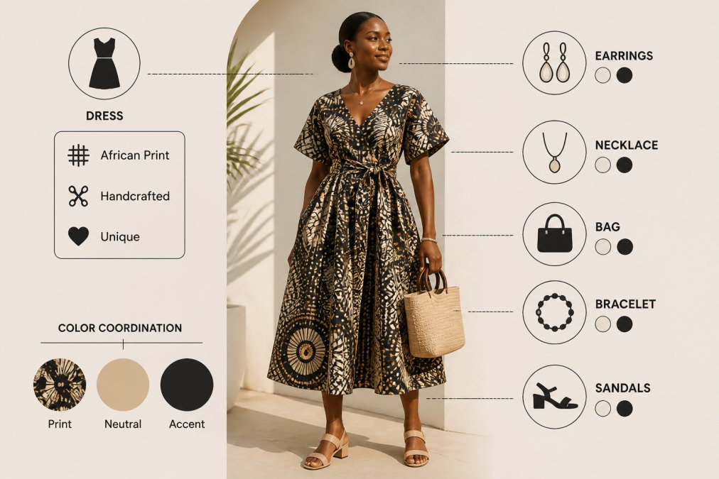 Woman wearing a vibrant African print dress styled with neutral accessories, photographed in natural light showing how the garment is worn and coordinated