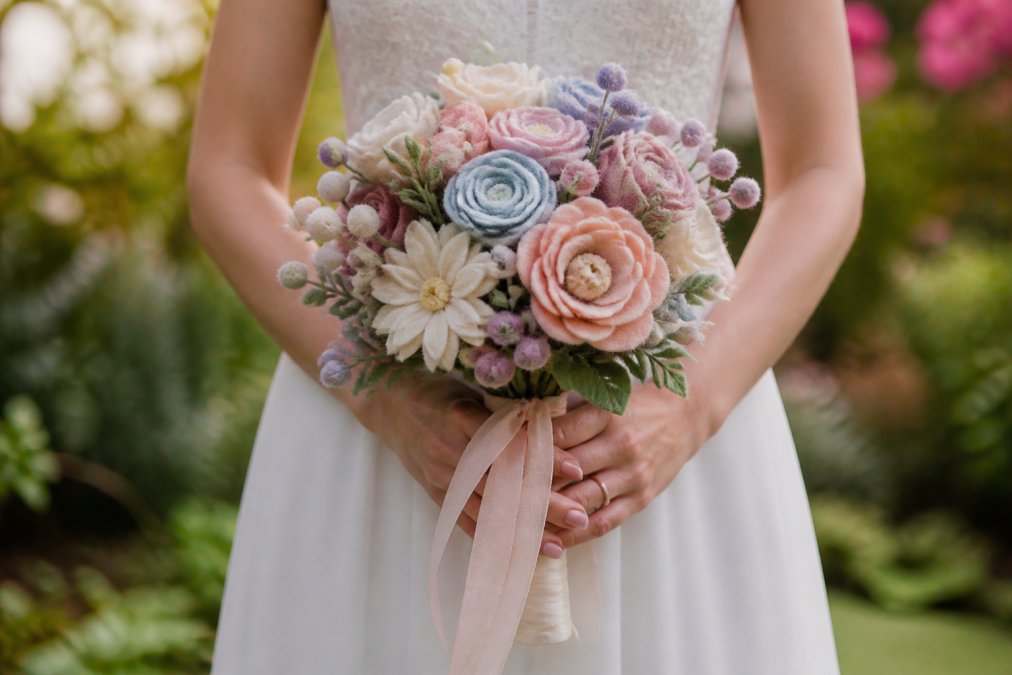 A close-up of a bride's hands holding a handcrafted felt bridal bouquet made of Merino wool flowers in soft pastel tones, with a delicate ribbon wrap and visible stitching detail, set against a softly blurred outdoor garden background