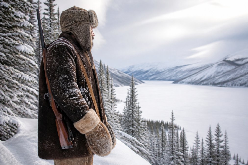 A hunter wearing a handcrafted fur trapper hat and fur mittens in a snowy forest, with a rifle slung over his shoulder, looking out over a frozen landscape